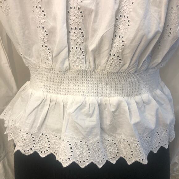 Topshop Shirred Embroidered White Ruffle Blouse Blouson Sleeves Size 6 Victorian - Picture 4 of 15